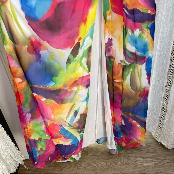Liv Foster Abstract Floral Print Tie Dye Boho Deep V-Neck Cutout Gown 0, XS/S - Picture 8 of 10